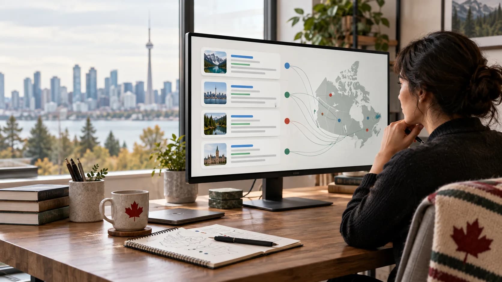 Canadian AI search research workspace with citation mapping on a monitor